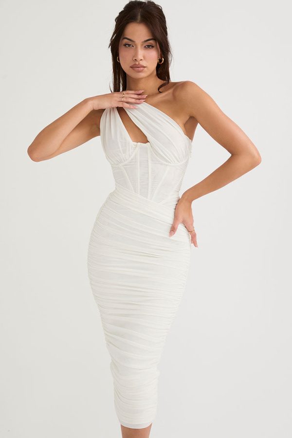 Sexy Cutout One Shoulder Ruched Bodycon Mesh Corset Midi Dress - White Sexy Cutout One Shoulder Ruched Bodycon Mesh Corset Midi Dress - White