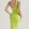 Sexy Cutout One Shoulder Ruched Bodycon Mesh Corset Midi Dress - Yellow Sexy Cutout One Shoulder Ruched Bodycon Mesh Corset Midi Dress - Yellow