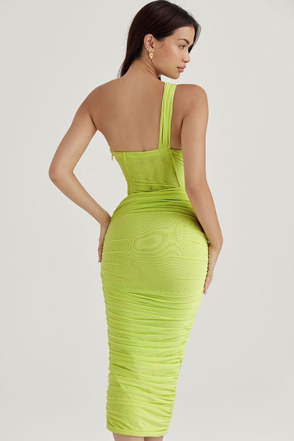 Sexy Cutout One Shoulder Ruched Bodycon Mesh Corset Midi Dress - Yellow Sexy Cutout One Shoulder Ruched Bodycon Mesh Corset Midi Dress - Yellow