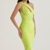 Sexy Cutout One Shoulder Ruched Bodycon Mesh Corset Midi Dress - Yellow Sexy Cutout One Shoulder Ruched Bodycon Mesh Corset Midi Dress - Yellow