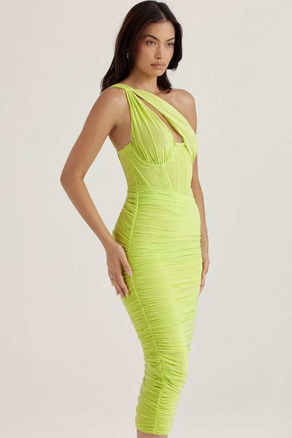 Sexy Cutout One Shoulder Ruched Bodycon Mesh Corset Midi Dress - Yellow Sexy Cutout One Shoulder Ruched Bodycon Mesh Corset Midi Dress - Yellow