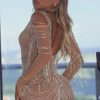 Sexy Deep V Cold Shoulder Sheer Mesh Rhinestone Fringe Party Mini Dress - Silver Sexy Deep V Cold Shoulder Sheer Mesh Rhinestone Fringe Party Mini Dress - Silver