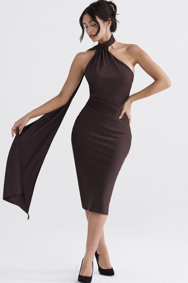 Sexy Draped Backless Wrap Halter Tie Satin Midi Dress - Chocolate Sexy Draped Backless Wrap Halter Tie Satin Midi Dress - Chocolate