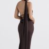 Sexy Draped Backless Wrap Halter Tie Satin Midi Dress - Chocolate Sexy Draped Backless Wrap Halter Tie Satin Midi Dress - Chocolate
