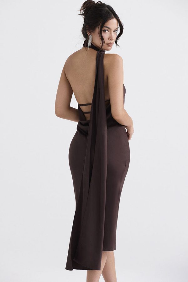 Sexy Draped Backless Wrap Halter Tie Satin Midi Dress - Chocolate Sexy Draped Backless Wrap Halter Tie Satin Midi Dress - Chocolate