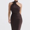 Sexy Draped Backless Wrap Halter Tie Satin Midi Dress - Chocolate Sexy Draped Backless Wrap Halter Tie Satin Midi Dress - Chocolate