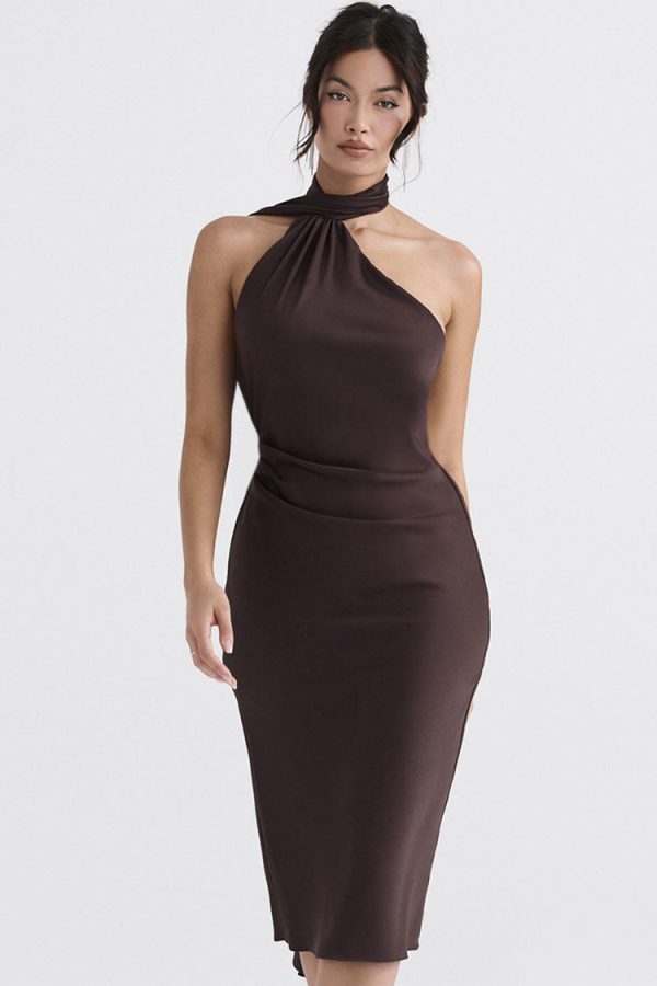 Sexy Draped Backless Wrap Halter Tie Satin Midi Dress - Chocolate Sexy Draped Backless Wrap Halter Tie Satin Midi Dress - Chocolate