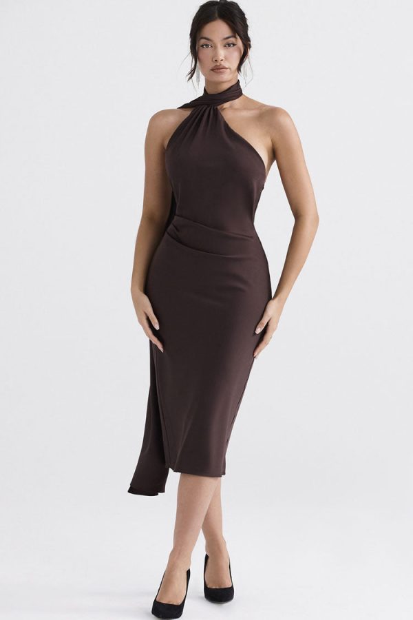 Sexy Draped Backless Wrap Halter Tie Satin Midi Dress - Chocolate Sexy Draped Backless Wrap Halter Tie Satin Midi Dress - Chocolate