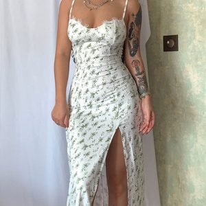 Sexy Eyelash Sweetheart Spaghetti Strap High Split Summer Floral Midi Sundress - Green