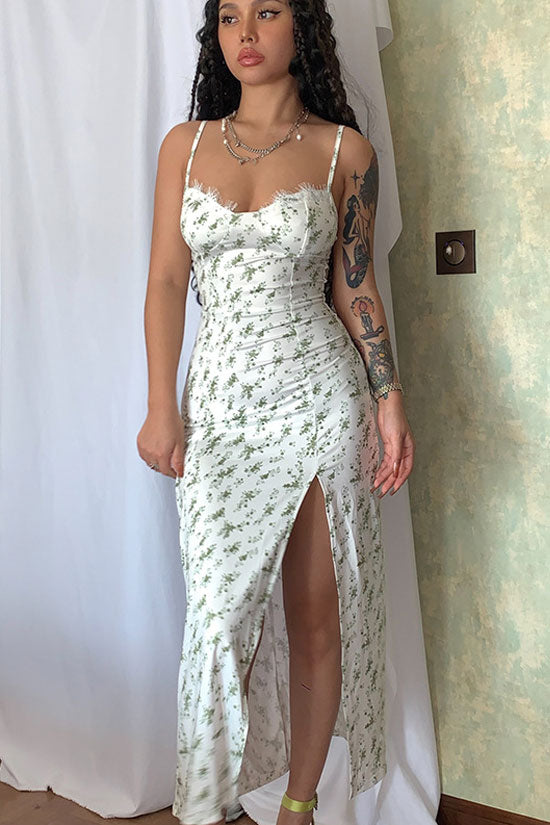Sexy Eyelash Sweetheart Spaghetti Strap High Split Summer Floral Midi Sundress - Green Sexy Eyelash Sweetheart Spaghetti Strap High Split Summer Floral Midi Sundress - Green