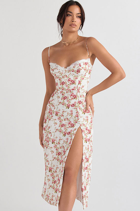 Sexy Eyelash Sweetheart Spaghetti Strap High Split Summer Floral Midi Sundress - Red Sexy Eyelash Sweetheart Spaghetti Strap High Split Summer Floral Midi Sundress - Red