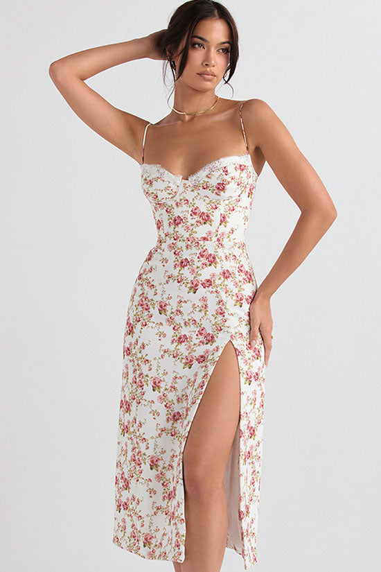 Sexy Eyelash Sweetheart Spaghetti Strap High Split Summer Floral Midi Sundress - Red Sexy Eyelash Sweetheart Spaghetti Strap High Split Summer Floral Midi Sundress - Red