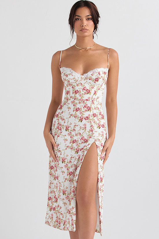 Sexy Eyelash Sweetheart Spaghetti Strap High Split Summer Floral Midi Sundress - Red Sexy Eyelash Sweetheart Spaghetti Strap High Split Summer Floral Midi Sundress - Red