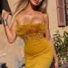 Sexy Feather Trim Square Neck Spaghetti Strap Fishtail Cocktail Midi Dress - Yellow