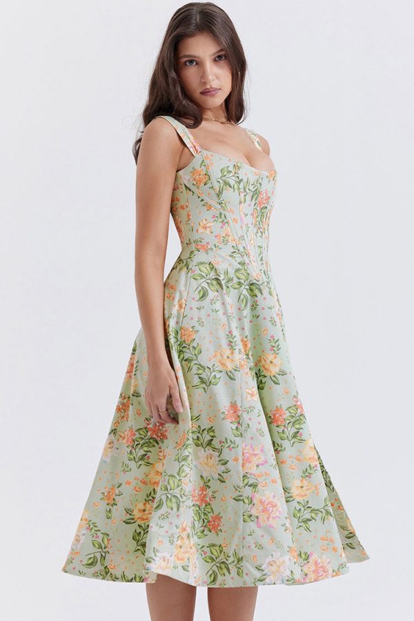 Sexy Floral Printed Lace Up Back High Split Corset Mini Sundress - Green Sexy Floral Printed Lace Up Back High Split Corset Mini Sundress - Green