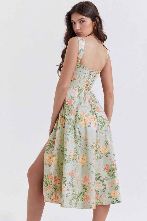 Sexy Floral Printed Lace Up Back High Split Corset Mini Sundress - Green Sexy Floral Printed Lace Up Back High Split Corset Mini Sundress - Green
