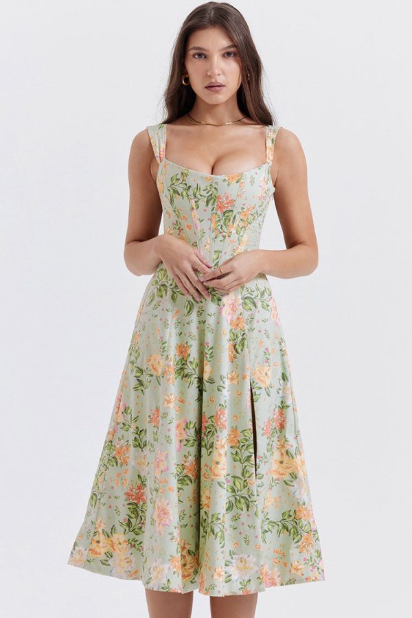 Sexy Floral Printed Lace Up Back High Split Corset Mini Sundress - Green Sexy Floral Printed Lace Up Back High Split Corset Mini Sundress - Green