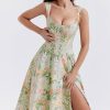 Sexy Floral Printed Lace Up Back High Split Corset Mini Sundress - Green Sexy Floral Printed Lace Up Back High Split Corset Mini Sundress - Green