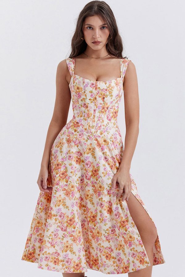 Sexy Floral Printed Lace Up Back High Split Corset Mini Sundress - Orange Sexy Floral Printed Lace Up Back High Split Corset Mini Sundress - Orange