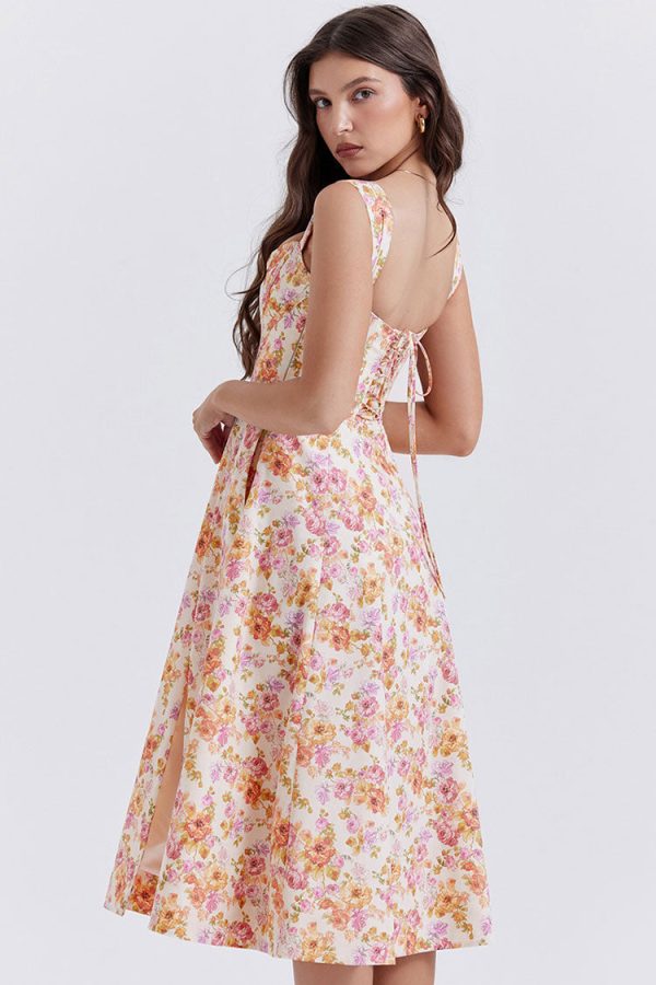 Sexy Floral Printed Lace Up Back High Split Corset Mini Sundress - Orange Sexy Floral Printed Lace Up Back High Split Corset Mini Sundress - Orange