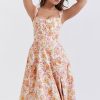 Sexy Floral Printed Lace Up Back High Split Corset Mini Sundress - Orange Sexy Floral Printed Lace Up Back High Split Corset Mini Sundress - Orange