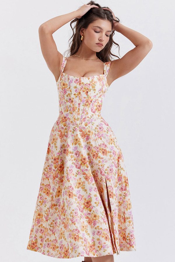 Sexy Floral Printed Lace Up Back High Split Corset Mini Sundress - Orange Sexy Floral Printed Lace Up Back High Split Corset Mini Sundress - Orange
