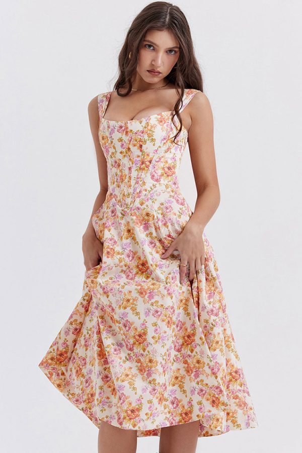 Sexy Floral Printed Lace Up Back High Split Corset Mini Sundress - Orange Sexy Floral Printed Lace Up Back High Split Corset Mini Sundress - Orange