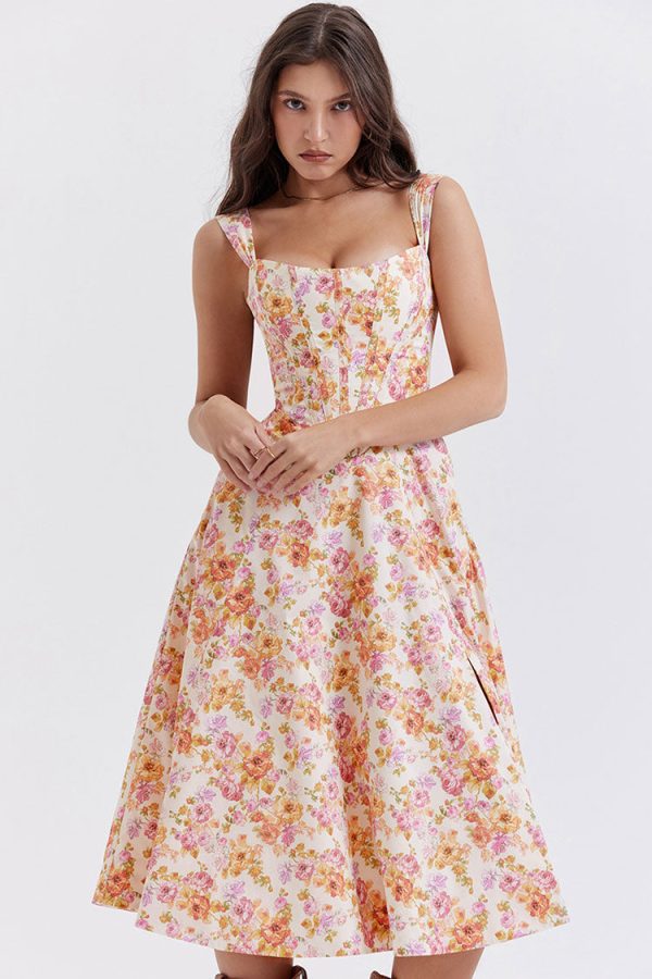 Sexy Floral Printed Lace Up Back High Split Corset Mini Sundress - Orange Sexy Floral Printed Lace Up Back High Split Corset Mini Sundress - Orange
