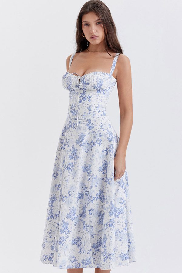 Sexy Floral Tie Front Lace Up Back Fit & Flare Split Midi Sundress - Blue Sexy Floral Tie Front Lace Up Back Fit & Flare Split Midi Sundress - Blue
