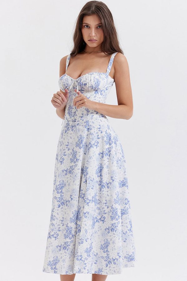 Sexy Floral Tie Front Lace Up Back Fit & Flare Split Midi Sundress - Blue Sexy Floral Tie Front Lace Up Back Fit & Flare Split Midi Sundress - Blue