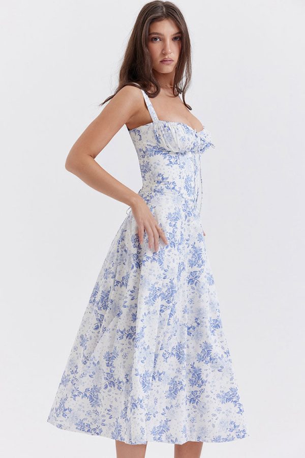 Sexy Floral Tie Front Lace Up Back Fit & Flare Split Midi Sundress - Blue Sexy Floral Tie Front Lace Up Back Fit & Flare Split Midi Sundress - Blue