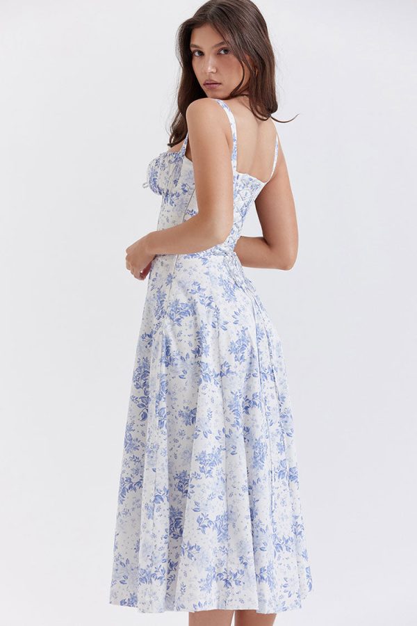 Sexy Floral Tie Front Lace Up Back Fit & Flare Split Midi Sundress - Blue Sexy Floral Tie Front Lace Up Back Fit & Flare Split Midi Sundress - Blue