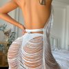 Sexy Halter Deep V Ladder Distressed Backless Semi Sheer Mini Dress - White Sexy Halter Deep V Ladder Distressed Backless Semi Sheer Mini Dress - White