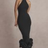Sexy High Neck Sleeveless Bodycon Ruffle Cocktail Party Midi Dress - Black