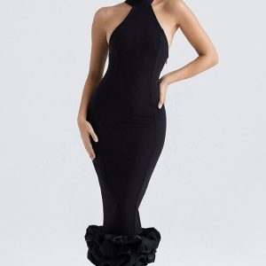 Sexy High Neck Sleeveless Bodycon Ruffle Cocktail Party Midi Dress - Black