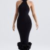 Sexy High Neck Sleeveless Bodycon Ruffle Cocktail Party Midi Dress - Black