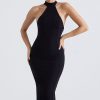 Sexy High Neck Sleeveless Bodycon Ruffle Cocktail Party Midi Dress - Black