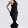 Sexy High Neck Sleeveless Bodycon Ruffle Cocktail Party Midi Dress - Black