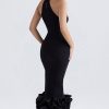 Sexy High Neck Sleeveless Bodycon Ruffle Cocktail Party Midi Dress - Black