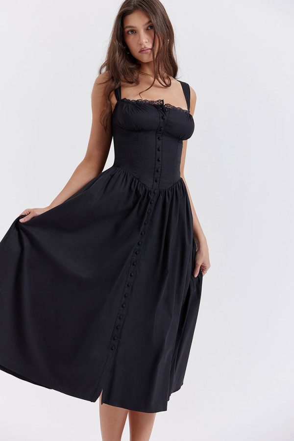 Sexy Lace Square Neck Lace Up Back Fit & Flare Midi Sundress - Black Sexy Lace Square Neck Lace Up Back Fit & Flare Midi Sundress - Black