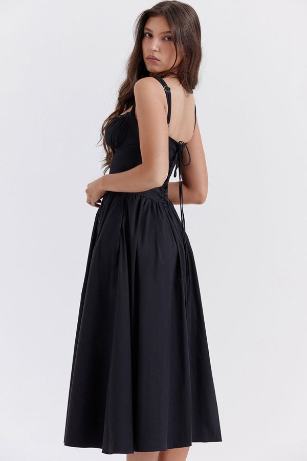 Sexy Lace Square Neck Lace Up Back Fit & Flare Midi Sundress - Black Sexy Lace Square Neck Lace Up Back Fit & Flare Midi Sundress - Black