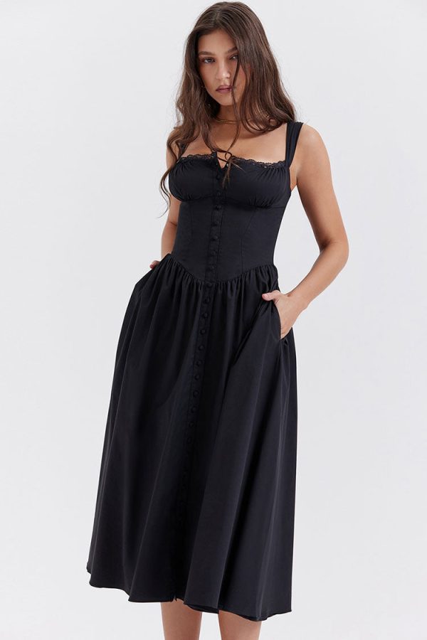 Sexy Lace Square Neck Lace Up Back Fit & Flare Midi Sundress - Black Sexy Lace Square Neck Lace Up Back Fit & Flare Midi Sundress - Black