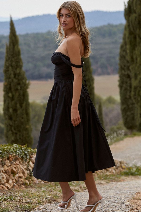 Sexy Lace Square Neck Lace Up Back Fit & Flare Midi Sundress - Black Sexy Lace Square Neck Lace Up Back Fit & Flare Midi Sundress - Black
