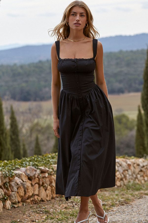 Sexy Lace Square Neck Lace Up Back Fit & Flare Midi Sundress - Black Sexy Lace Square Neck Lace Up Back Fit & Flare Midi Sundress - Black