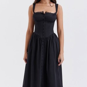 Sexy Lace Square Neck Lace Up Back Fit & Flare Midi Sundress - Black