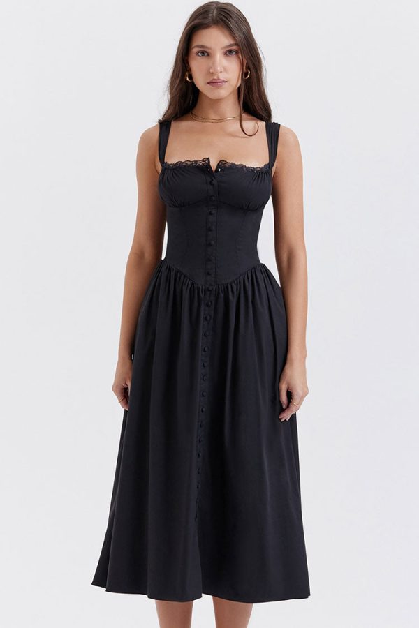 Sexy Lace Square Neck Lace Up Back Fit & Flare Midi Sundress - Black Sexy Lace Square Neck Lace Up Back Fit & Flare Midi Sundress - Black