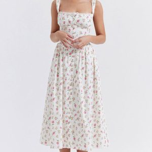 Sexy Lace Square Neck Lace Up Back Fit & Flare Midi Sundress - Floral