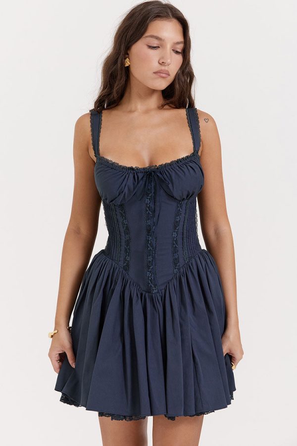 Sexy Lace Square Neck Tie Front Lace Up Back Drop Waist Mini Sundress - Navy Sexy Lace Square Neck Tie Front Lace Up Back Drop Waist Mini Sundress - Navy