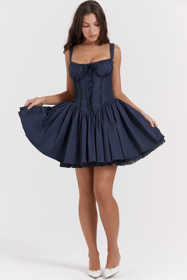 Sexy Lace Square Neck Tie Front Lace Up Back Drop Waist Mini Sundress - Navy Sexy Lace Square Neck Tie Front Lace Up Back Drop Waist Mini Sundress - Navy