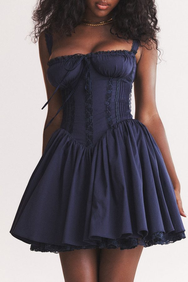 Sexy Lace Square Neck Tie Front Lace Up Back Drop Waist Mini Sundress - Navy Sexy Lace Square Neck Tie Front Lace Up Back Drop Waist Mini Sundress - Navy